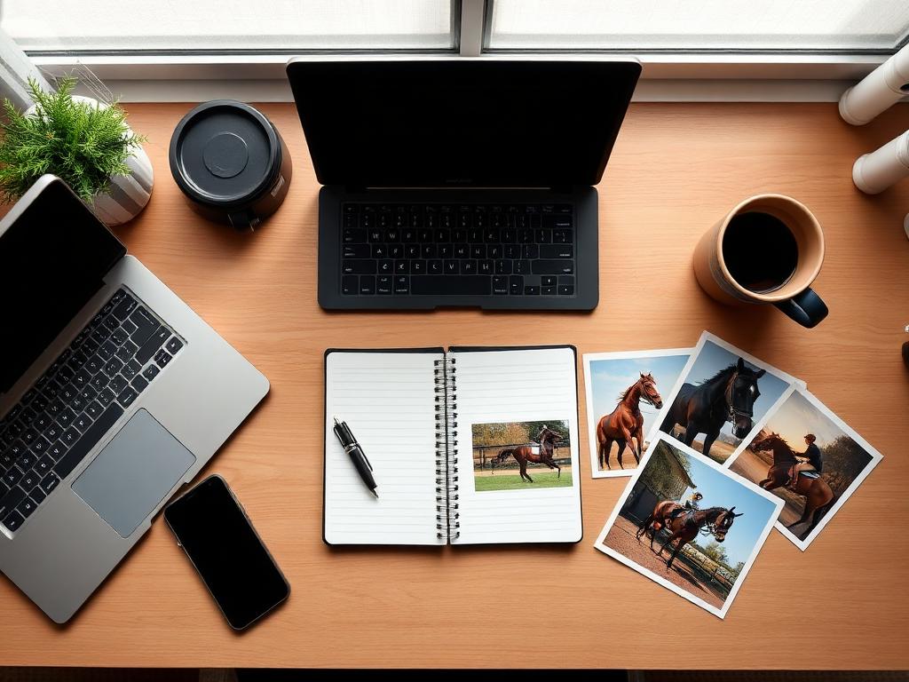 Placeholder visual of a desk with printed marketing photos